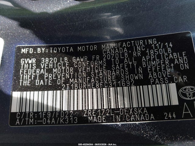 Aukcja sprzedaży 2015 Toyota Corolla S Plus, vin: 2T1BURHE8FC311692, numer aukcji: 45294304