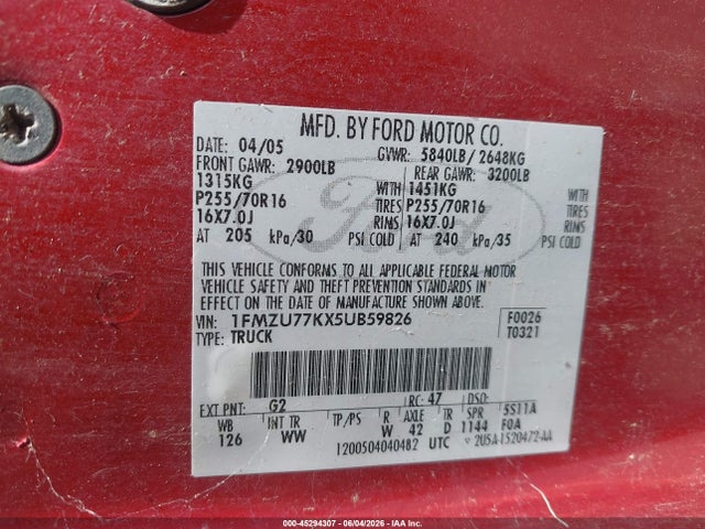 2005 Ford Explorer Sport Trac Adrenalin/xls/xlt მანქანა იყიდება აუქციონზე, vin: 1FMZU77KX5UB59826, აუქციონის ნომერი: 45294307