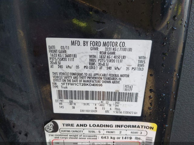 Aukcja sprzedaży 2011 Ford F-150 Fx2, vin: 1FTFW1CT2BKD40696, numer aukcji: 45294312