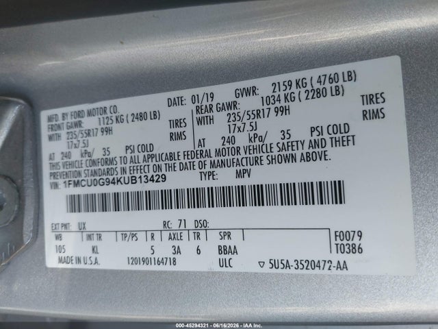 Aukcja sprzedaży 2019 Ford Escape Se, vin: 1FMCU0G94KUB13429, numer aukcji: 45294321