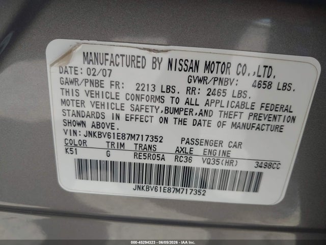 45294323 :رقم المزاد ، JNKBV61E87M717352 vin ، 2007 Infiniti G35 Journey مزاد بيع