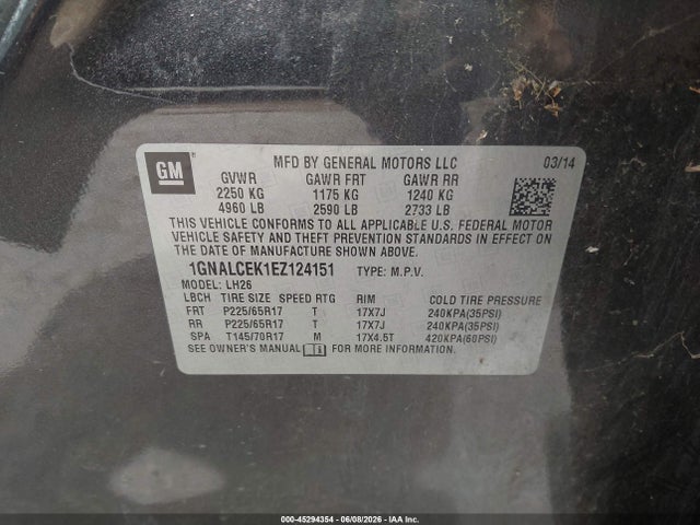 1GNALCEK1EZ124151 Chevrolet Equinox 2lt