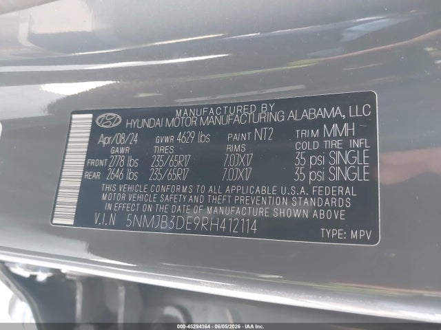 Aukcja sprzedaży 2024 Hyundai Tucson Sel, vin: 5NMJB3DE9RH412114, numer aukcji: 45294364