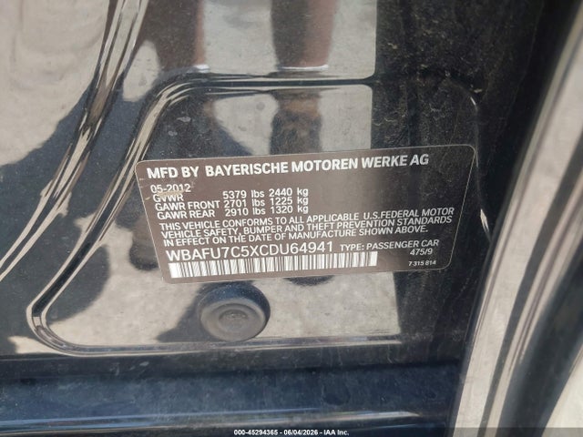 2012 Bmw 535i Xdrive მანქანა იყიდება აუქციონზე, vin: WBAFU7C5XCDU64941, აუქციონის ნომერი: 45294365