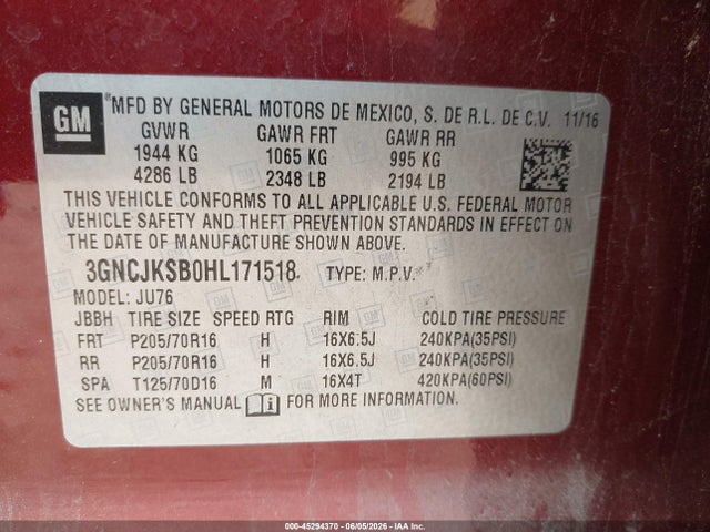 Chevrolet TRAX LS 2017 3GNCJKSB0HL171518 Image 9