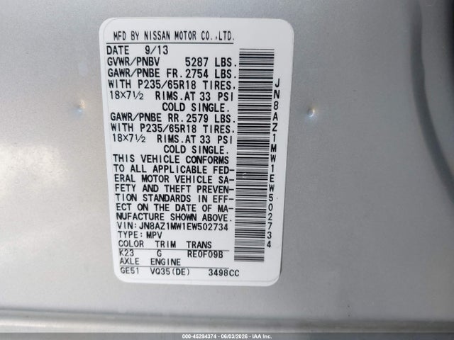 Aukcja sprzedaży 2014 Nissan Murano S, vin: JN8AZ1MW1EW502734, numer aukcji: 45294374