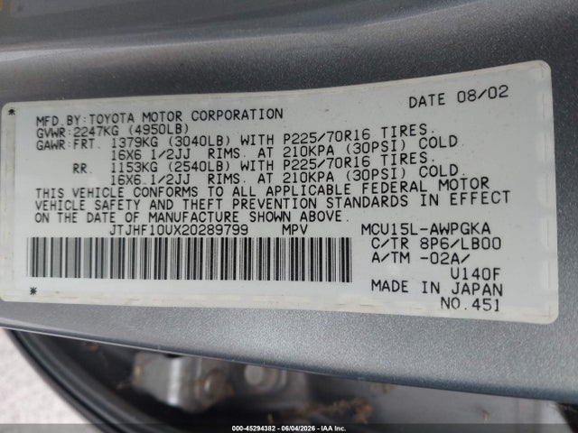 Aukcja sprzedaży 2002 Lexus Rx 300, vin: JTJHF10UX20289799, numer aukcji: 45294382