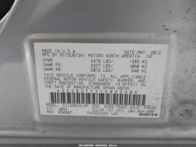 Aukcja sprzedaży 2012 Mitsubishi Galant Fe, vin: 4A32B2FF4CE022906, numer aukcji: 45294386