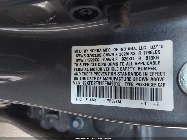 Honda CIVIC EX 2015 19XFB2F81FE049012 Image 9