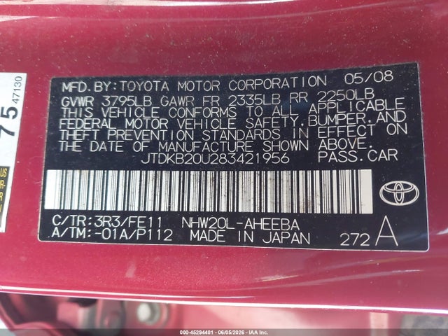 Продажа на аукционе авто 2008 Toyota Prius, vin: JTDKB20U283421956, номер лота: 45294401