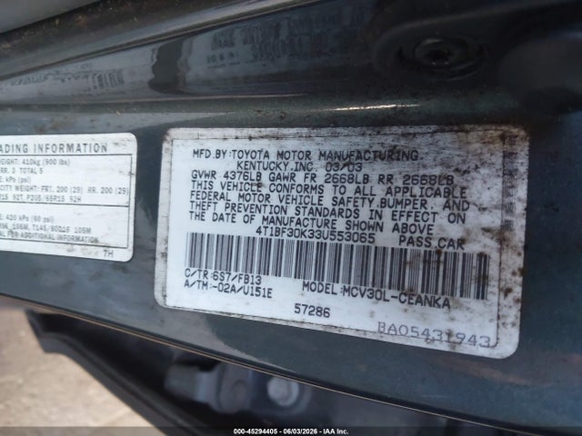 45294405 :رقم المزاد ، 4T1BF30K33U553065 vin ، 2003 Toyota Camry Le V6 مزاد بيع