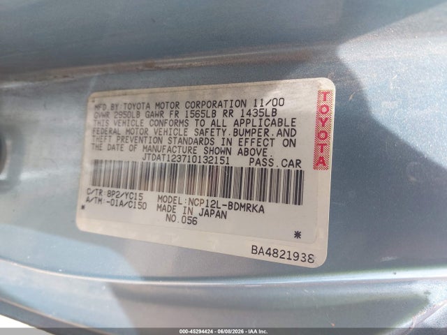 45294424 :رقم المزاد ، JTDAT123710132151 vin ، 2001 Toyota Echo مزاد بيع