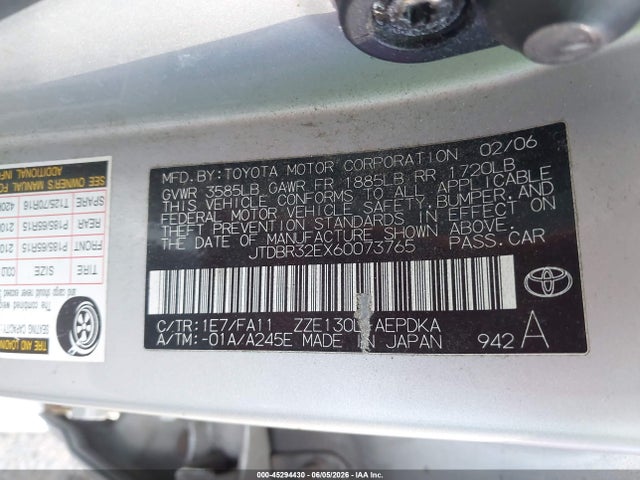 45294430 :رقم المزاد ، JTDBR32EX60073765 vin ، 2006 Toyota Corolla Ce مزاد بيع