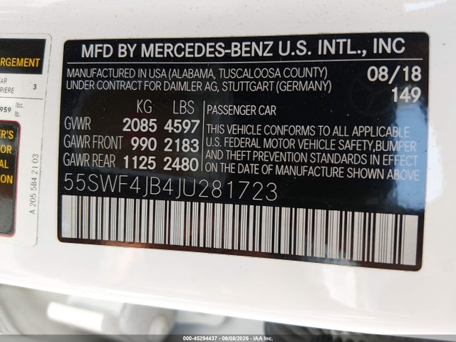 Aukcja sprzedaży 2018 Mercedes-benz C 300, vin: 55SWF4JB4JU281723, numer aukcji: 45294437
