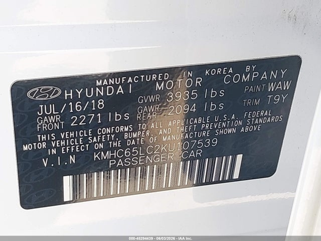 Aukcja sprzedaży 2019 Hyundai Ioniq Hybrid Blue, vin: KMHC65LC2KU107539, numer aukcji: 45294439
