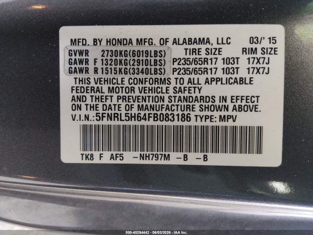 Honda Odyssey Ex-l 2015 5FNRL5H64FB083186 Image 9