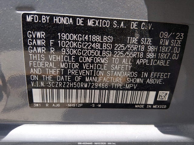 Aukcja sprzedaży 2024 Honda Hr-v Awd Sport/awd Sport W/o Bsi, vin: 3CZRZ2H50RM729466, numer aukcji: 45294445