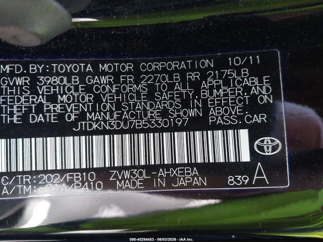 2011 Toyota Prius Two მანქანა იყიდება აუქციონზე, vin: JTDKN3DU7B5330197, აუქციონის ნომერი: 45294453