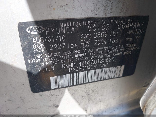Продажа на аукционе авто 2010 Hyundai Elantra Gls, vin: KMHDU4AD3AU183625, номер лота: 45294455