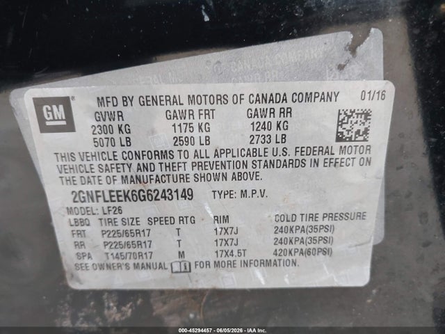 45294457 :رقم المزاد ، 2GNFLEEK6G6243149 vin ، 2016 Chevrolet Equinox Ls مزاد بيع