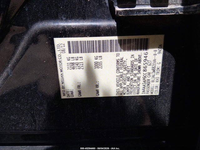 Aukcja sprzedaży 2012 Nissan Maxima 3.5 Sv, vin: 1N4AA5AP6CC865946, numer aukcji: 45294460