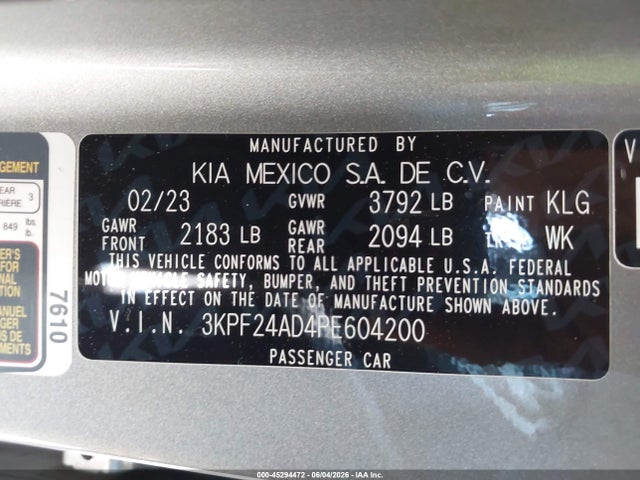 Aukcja sprzedaży 2023 Kia Forte Lxs, vin: 3KPF24AD4PE604200, numer aukcji: 45294472