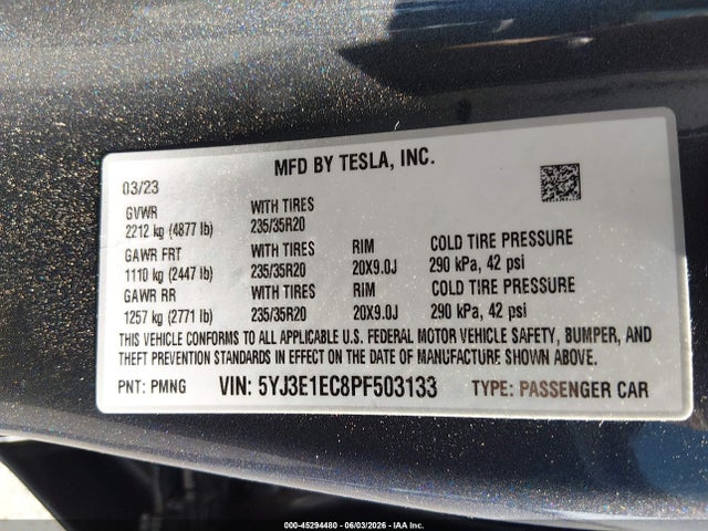 Продажа на аукционе авто 2023 Tesla Model 3 Performance Dual Motor All-wheel Drive, vin: 5YJ3E1EC8PF503133, номер лота: 45294480