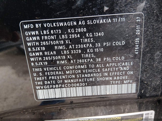 Aukcja sprzedaży 2012 Volkswagen Touareg Vr6 Lux, vin: WVGEF9BP4CD006301, numer aukcji: 45294483