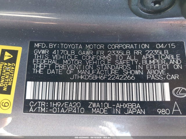 2015 Lexus Ct 200h მანქანა იყიდება აუქციონზე, vin: JTHKD5BH6F2242266, აუქციონის ნომერი: 45294485