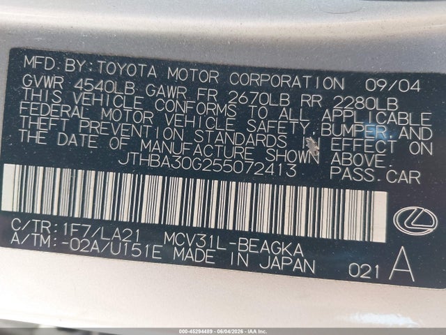 Aukcja sprzedaży 2005 Lexus Es 330, vin: JTHBA30G255072413, numer aukcji: 45294489
