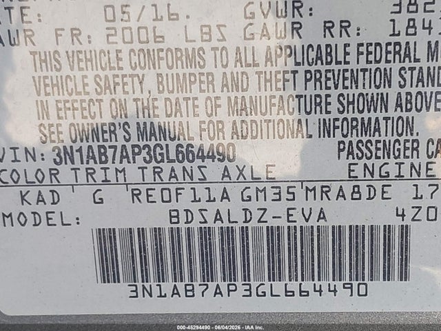 Aukcja sprzedaży 2016 Nissan Sentra Sv, vin: 3N1AB7AP3GL664490, numer aukcji: 45294490