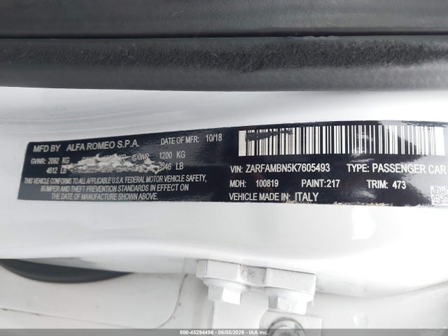 Aukcja sprzedaży 2019 Alfa Romeo Giulia Ti Sport Rwd, vin: ZARFAMBN5K7605493, numer aukcji: 45294496