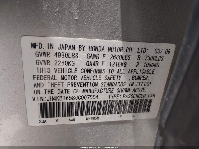 45294497 :رقم المزاد ، JH4KB16586C007554 vin ، 2006 Acura Rl 3.5 مزاد بيع