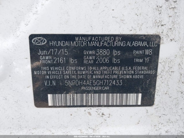Продажа на аукционе авто 2016 Hyundai Elantra Se, vin: 5NPDH4AE5GH712433, номер лота: 45294508