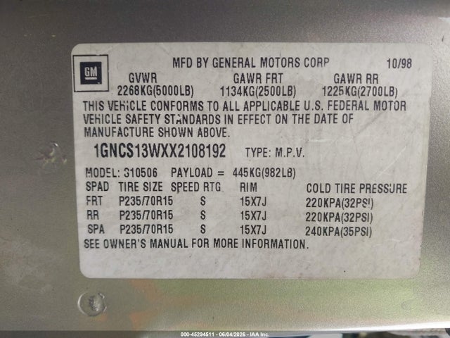 1999 Chevrolet Blazer Lt მანქანა იყიდება აუქციონზე, vin: 1GNCS13WXX2108192, აუქციონის ნომერი: 45294511