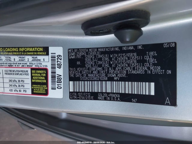 45294519 :رقم المزاد ، 5TDZK23C08S210268 vin ، 2008 Toyota Sienna Le مزاد بيع