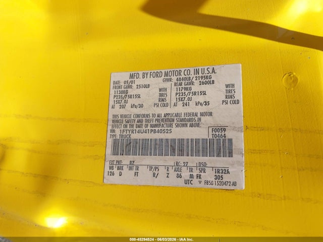 45294524 :رقم المزاد ، 1FTYR14U41PB40525 vin ، 2001 Ford Ranger Edge/xl/xlt مزاد بيع