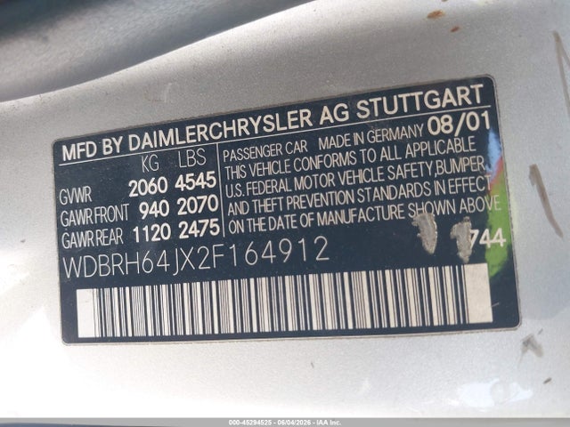 45294525 :رقم المزاد ، WDBRH64JX2F164912 vin ، 2002 Mercedes-benz C 320 مزاد بيع