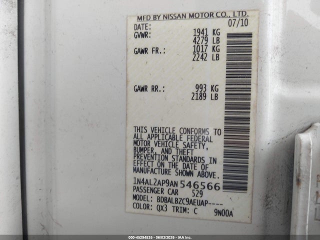 Продажа на аукционе авто 2010 Nissan Altima 2.5 S, vin: 1N4AL2AP9AN546566, номер лота: 45294535