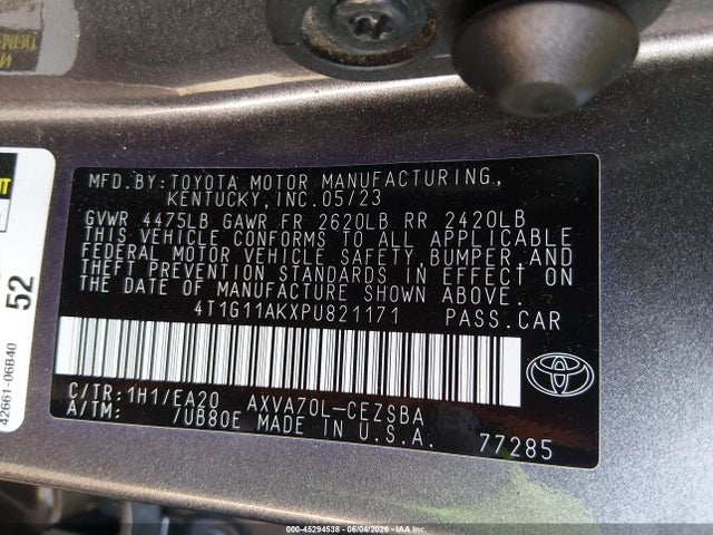 Aukcja sprzedaży 2023 Toyota Camry Se, vin: 4T1G11AKXPU821171, numer aukcji: 45294538