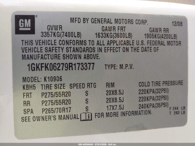 Aukcja sprzedaży 2009 Gmc Yukon Xl 1500 Denali, vin: 1GKFK06279R173377, numer aukcji: 45294540
