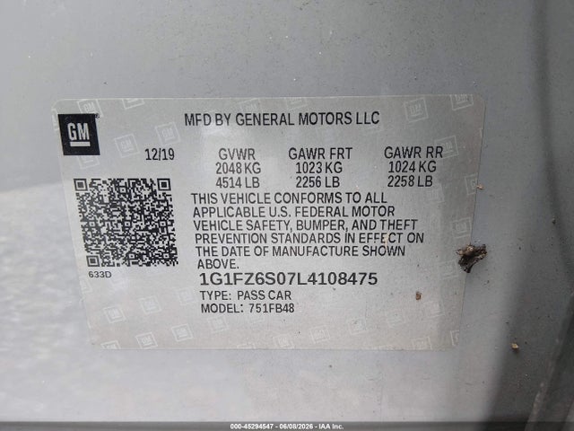 Aukcja sprzedaży 2020 Chevrolet Bolt Ev Fwd Premier, vin: 1G1FZ6S07L4108475, numer aukcji: 45294547