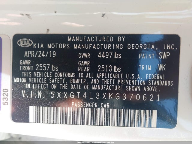 KIA Optima S 2019 5XXGT4L3XKG370621 Image 9