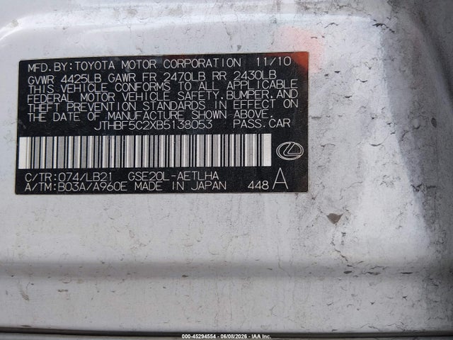 Продаж на аукціоні авто 2011 Lexus Is 250, vin: JTHBF5C2XB5138053, номер лоту: 45294554