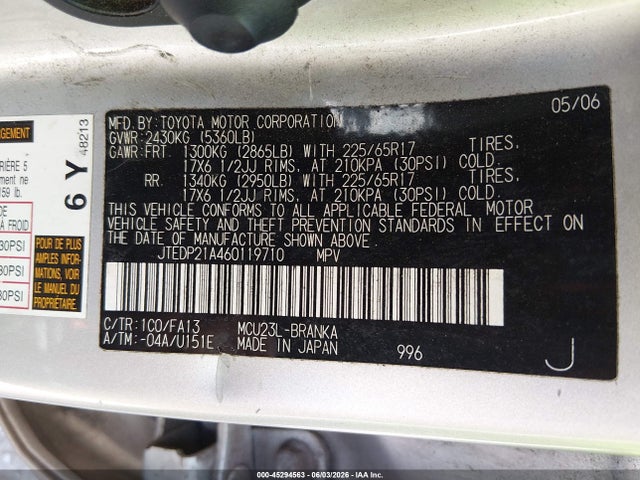 2006 Toyota Highlander Limited V6 მანქანა იყიდება აუქციონზე, vin: JTEDP21A460119710, აუქციონის ნომერი: 45294563