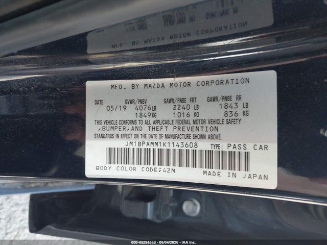 2019 Mazda Mazda3 Preferred Package მანქანა იყიდება აუქციონზე, vin: JM1BPAMM1K1143608, აუქციონის ნომერი: 45294569