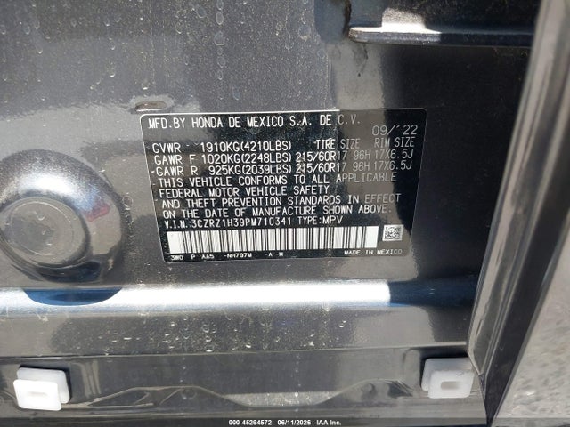3CZRZ1H39PM710341 Honda Hr-v 2wd Lx