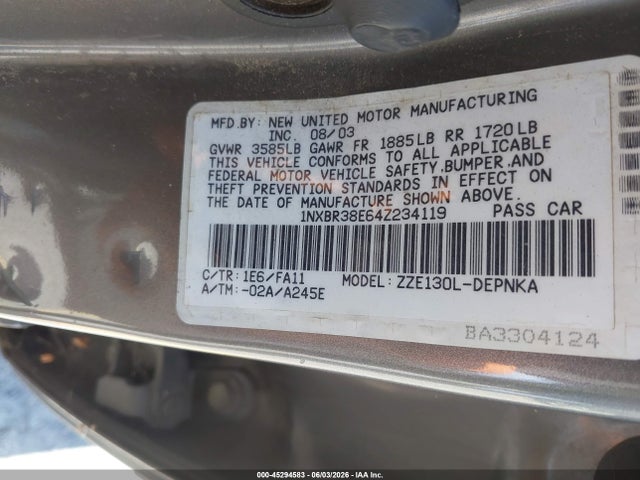 Продажа на аукционе авто 2004 Toyota Corolla Le, vin: 1NXBR38E64Z234119, номер лота: 45294583