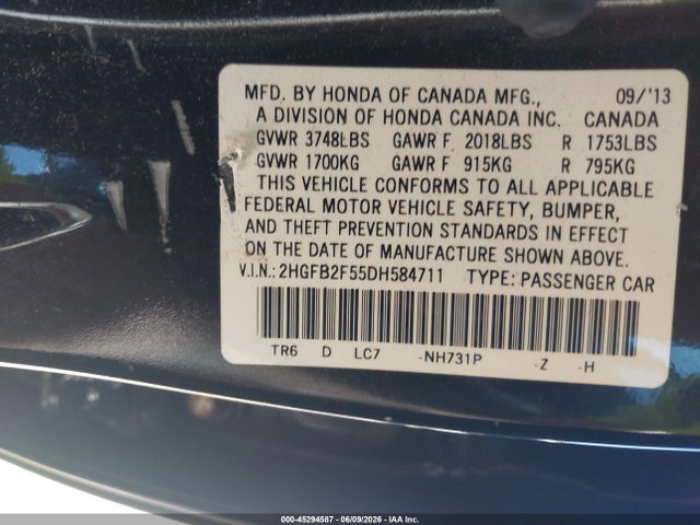 45294587 :رقم المزاد ، 2HGFB2F55DH584711 vin ، 2013 Honda Civic Lx مزاد بيع