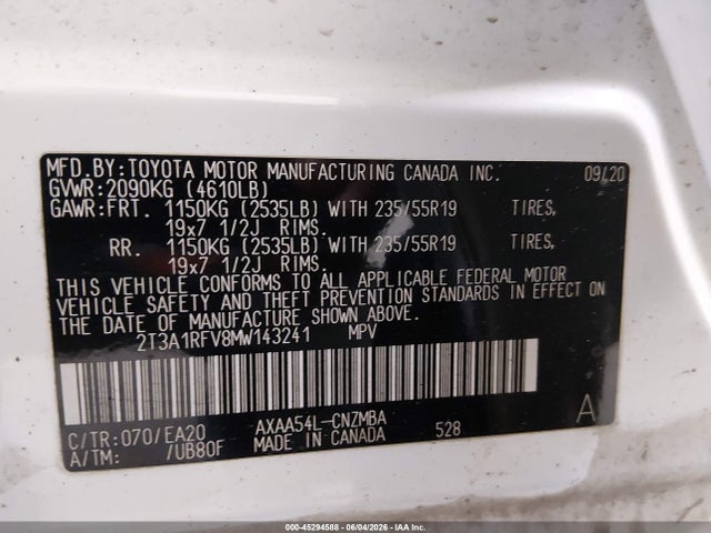 Aukcja sprzedaży 2021 Toyota Rav4 Xle Premium, vin: 2T3A1RFV8MW143241, numer aukcji: 45294588
